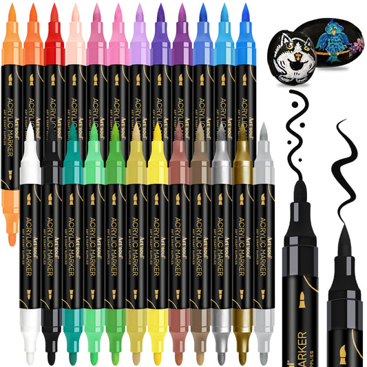 Art+soul 24 Colors Acrylic Paint Pens-Dual Tip Markers, Vibrant, Long Lasting Colors that Dry Quickly, Ideal for Canvas, Paper, Glass, Ceramic, Wood, and Rock 🍁 All In One Marketplace Canada