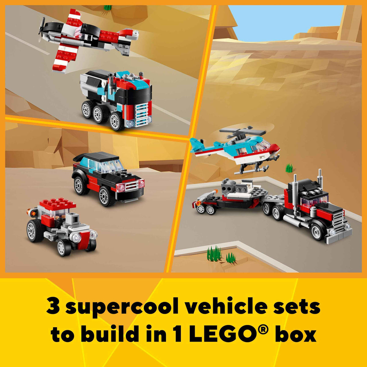 LEGO Creator 3 in 1 Flatbed Truck with Helicopter Toy, Transforms from Flatbed Truck Toy to Propeller Plane to Hot Rod and SUV Car Toys, Gift Idea for Boys and Girls Ages 7 Years Old and Up, 31146 🍁 All In One Marketplace Canada