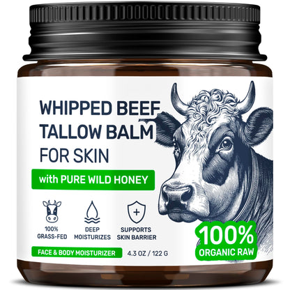 Beef Tallow Face Cream – Grass Fed Whipped Tallow and Honey Balm for Skin, Body Moisturizer with Beeswax and Wild Honey, 3-Ingredient Fragrance Free Non Comedogenic Skincare for Dry Sensitive Skin 🍁 All In One Marketplace Canada