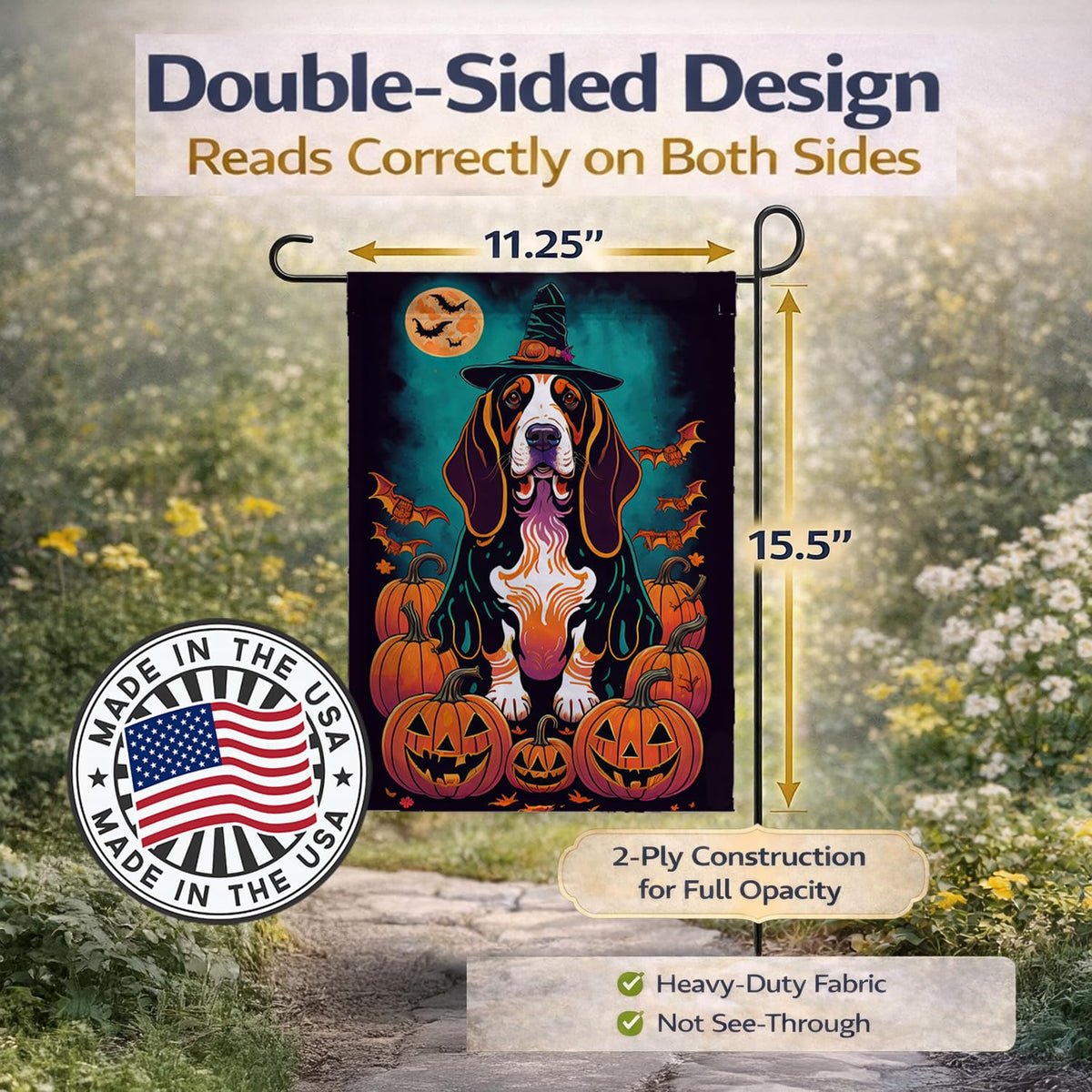 Caroline's Treasures Basset Hound Witchy Halloween Garden Flag
