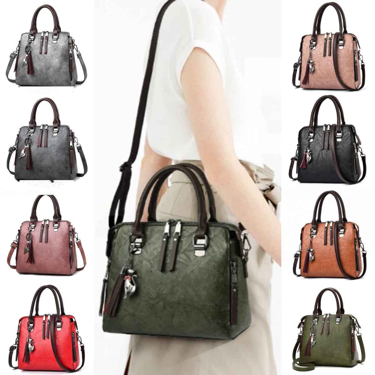 Vintage PU Leather Tassel Handbag for Women, Top-Handle Shoulder Bag