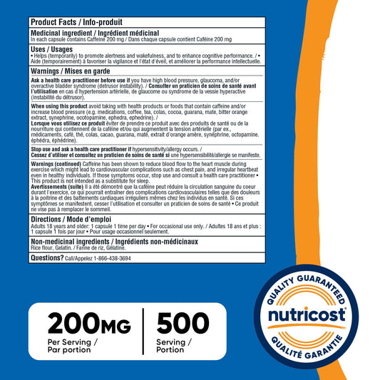 Nutricost Caffeine Pills (200mg) 500 Capsules 🍁 All In One Marketplace Canada