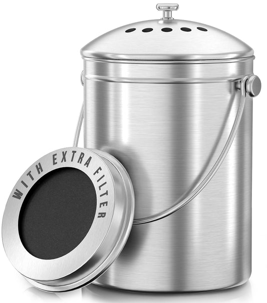 KICHLY Compost Bin, Stainless Steel Bin for Kitchen Countertop, 1.3 Gallon Composting Bucket, Compost Pail with Lid, Includes 1 Spare Charcoal Filter, Silver 🍁 All In One Marketplace Canada