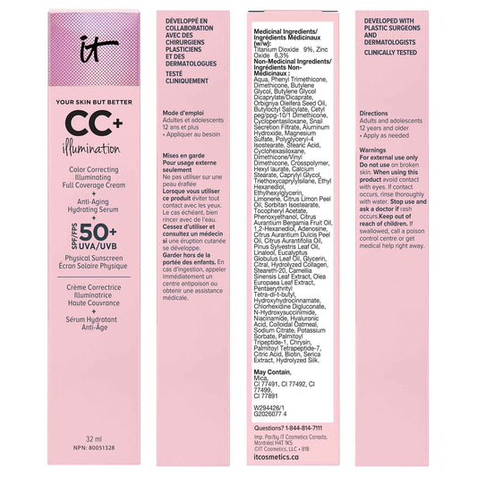 IT Cosmetics Your Skin But Better CC+ Cream Illumination, Natural Medium (W) - Color Correcting Cream, Full-Coverage Foundation, Anti-Aging Serum & SPF 50+ Sunscreen - Radiant Finish - 1.08 fl oz 🍁 All In One Marketplace Canada