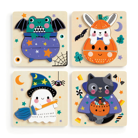 Mudpuppy Halloween – Set of 4 Wooden 4 Piece Puzzles Featuring A Colorful Halloween Scene with Adorable Characters