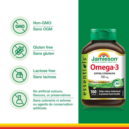 Jamieson Extra Strength Omega-3 700 mg, No Fishy Aftertaste, Supports Heart, Brain, and Eye Health, Arthritis Support. With EPA and DHA, Non-GMO, Gluten-Free, 100 Softgels, Proudly Canadian 🍁 All In One Marketplace Canada