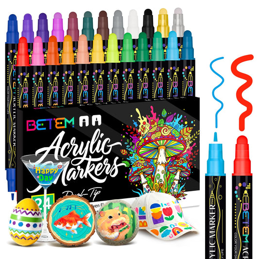 Betem 24 Colors Dual Tip Acrylic Paint Pens Markers, Premium Water-Based Acrylic Paint Markers for Fabric, Rock, Wood, Glass, Paper, Canvas, Ceramic, Fabric Paint Markers DIY Crafts Art Supplies Kit 🍁 All In One Marketplace Canada