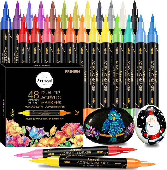 Art+soul 48 Colors Acrylic Paint Pens, 24 Pack Dual Tip Acrylic Paint Pens Markers for Rock Painting, Wood, Stone, Canvas, Ceramic, Glass Surfaces, DIY Crafting & Art Supplies 🍁 All In One Marketplace Canada