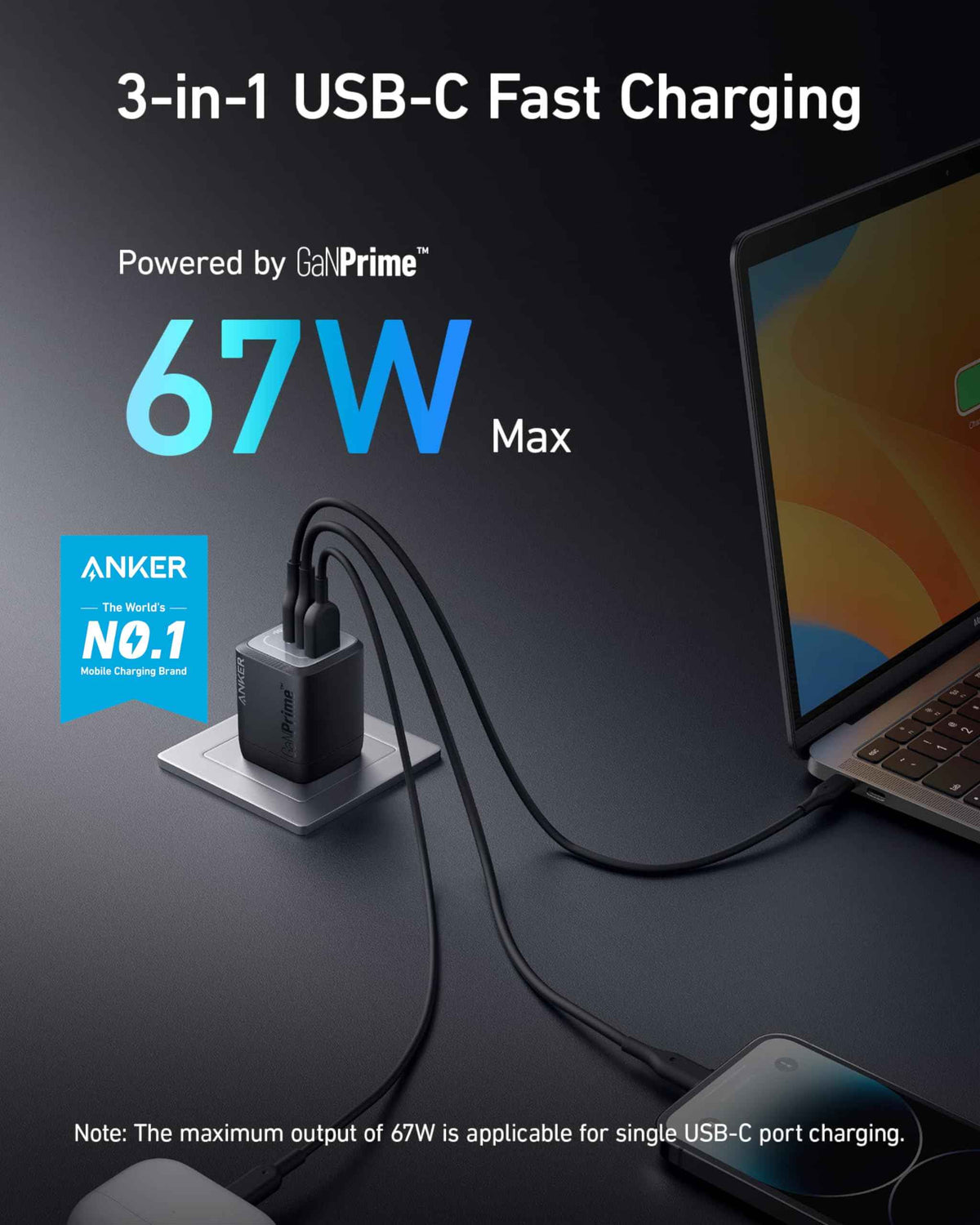 Anker Prime 67W USB C Charger, Anker GaN 3-Port Compact Fast PPS Wall Charger, for MacBook Pro/Air, Pixelbook, iPad Pro, iPhone 17/16/15/Pro, Galaxy S25/S24, Note20, Pixel, Apple Watch 🍁 All In One Marketplace Canada