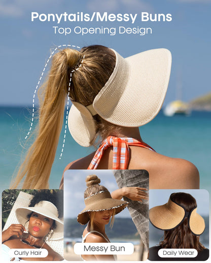 FURTALK Sun Visor Hats for Women Wide Brim Straw Roll Up Ponytail Summer Beach Hat UV UPF 50 Packable Foldable Travel 🍁 All In One Marketplace Canada