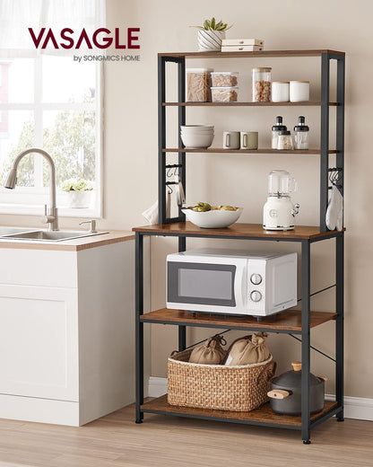 VASAGLE Coffee Bar, Baker’s Rack for Kitchen with Storage, 6-Tier Kitchen Shelves with 6 Hooks, Microwave Stand, Industrial, 15.7 x 31.5 x 65.7 Inches, Rustic Brown and Black UKKS019B01 🍁 All In One Marketplace Canada