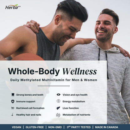 Herba Methylated Multivitamin with 500mg TMG & Methylated B Complex - 120 Capsules | 15 in 1 Formula | B Complex Vitamins for Women & Men including Methyl Folate Supplement | Vegan | Made in Canada 🍁 All In One Marketplace Canada