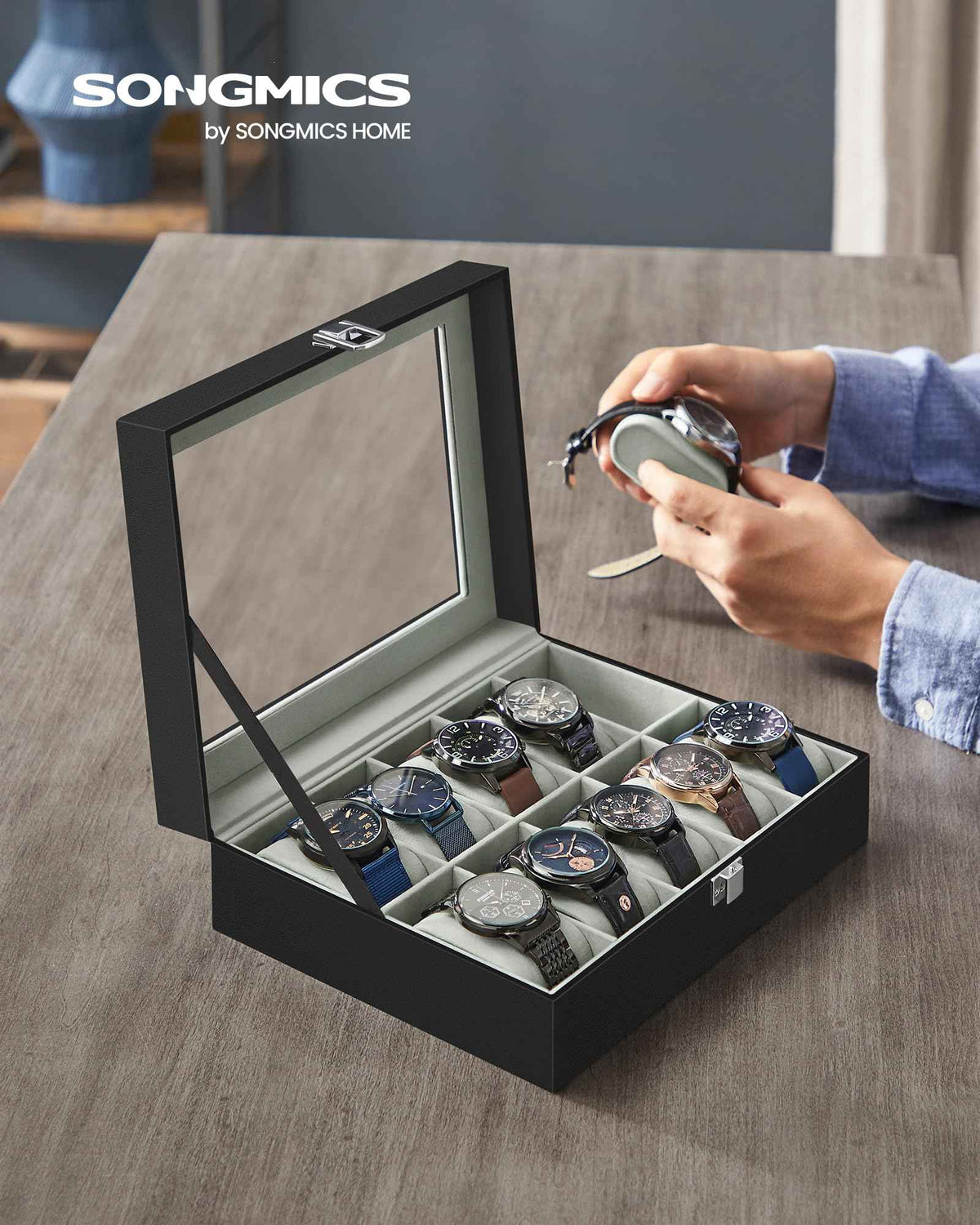 SONGMICS Watch Box, 10-Slot Watch Case Organizer with Large Glass Lid, Removable Pillows, Gift for Loved Ones, Black Synthetic Leather, Gray Lining UJWB010BK 🍁 All In One Marketplace Canada