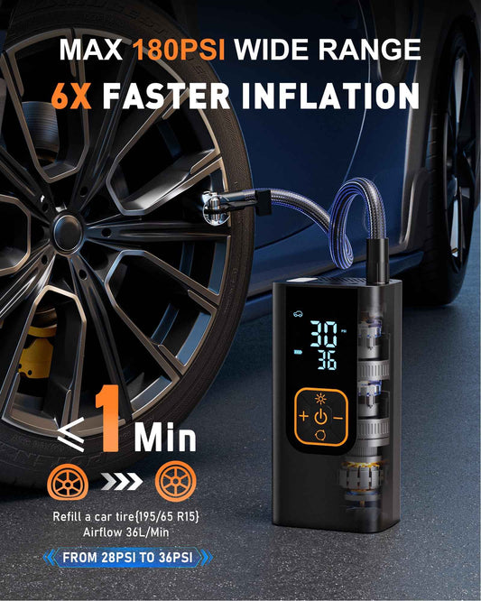 QKMPOM 180PSI Tire Inflator Portable Air Compressor, 6X Faster Air Pump for Car Tires with Digital Pressure Gauge, 12V DC Adapter, LED Light, Portable Tire Inflator for Car, Motorcycle, Bike, Balls 🍁 All In One Marketplace Canada