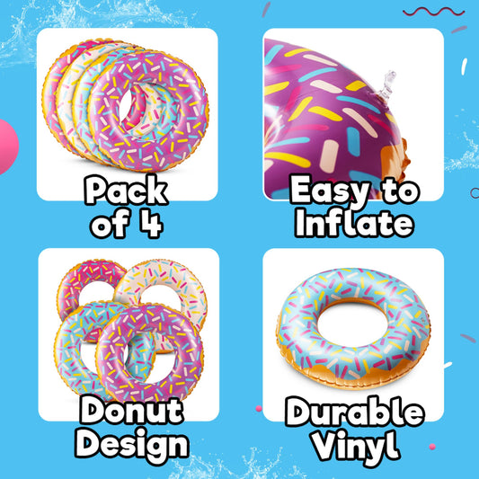Inflatable Donuts - (Pack of 4) 24 Inch Donut Pool Float for Kids Pool Tube, Assorted Swim Rings with Sprinkles for Pool Floaties, Party Decorations, Giveaways and Kids Party Favors 🍁 All In One Marketplace Canada