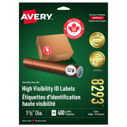 Avery High Visibility Labels with Surefeed Technology, Print to The Edge 1.5" Dia. White Round Permanent Labels, for Laser/Inkjet Printers, 400 Labels, (8293), Made in Canada 🍁 All In One Marketplace Canada