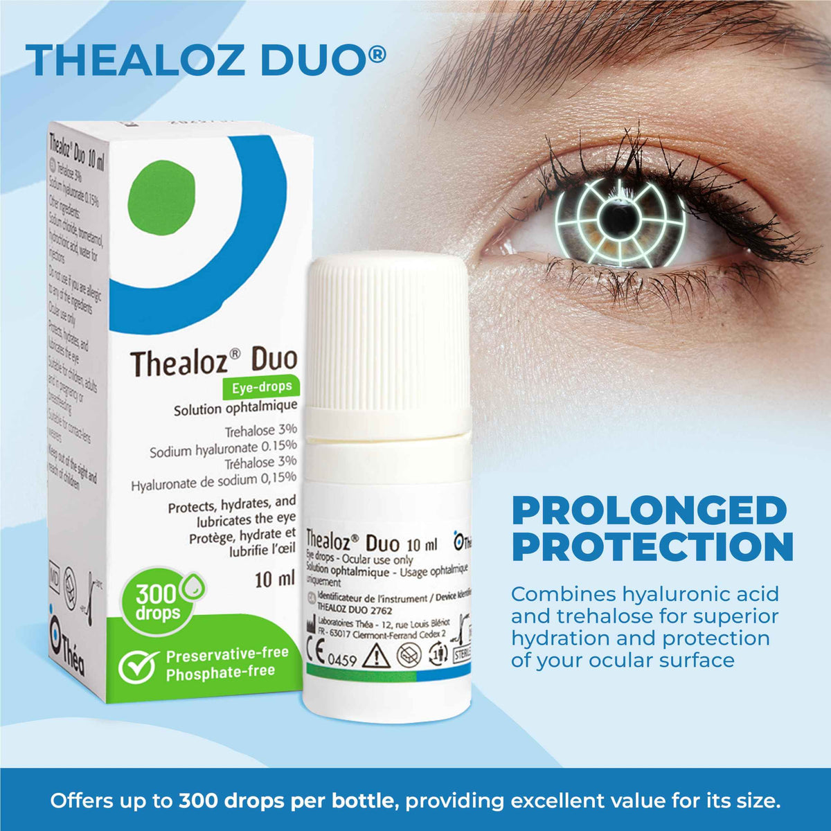 Thealoz Duo Eye Drops (2x10ml) - Clinically Proven Formula for Dry Eyes, Hydration with Hyaluronic Acid & Trehalose, Soothes & Lubricates, Tear Film Stabilization, Contact Lens Compatible (600 Drops) 🍁 All In One Marketplace Canada