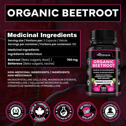 *BONUS SIZE* 180 Capsules of High Potency Organic Beetroot Capsules | 1,400mg per serving (700mg per capsule x2) Canadian Made Beet Root Powder | Antioxidant Support | Support Active Energy Lifestyle | A Natural Super Food | Quality Assured