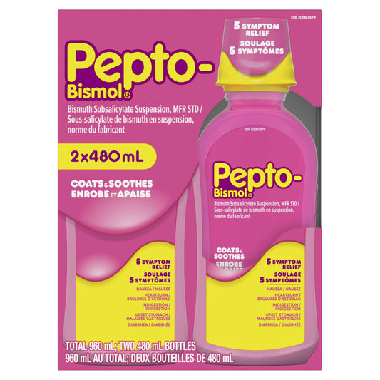 Pepto Bismol Liquid, Upset Stomach Relief, Diarrhea Relief, Heartburn, Nausea, Indigestion, Upset Stomach, Original Flavor, Pack of 2, 480mL each 🍁 All In One Marketplace Canada