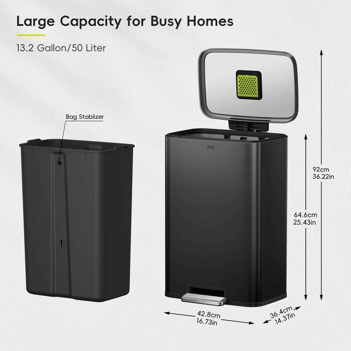 EKO Madison Matte Black 50 Liter/13.2 Gallon Step Trash Can with Inner Liner - Fingerprint Resistant Finish 🍁 All In One Marketplace Canada