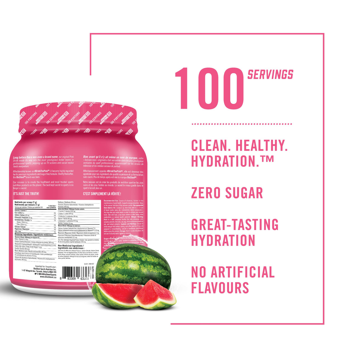 BioSteel Electrolyte Hydration Mix Powder, Zero Sugar, No Artificial Flavours, Watermelon, 100 Serving Container 🍁 All In One Marketplace Canada