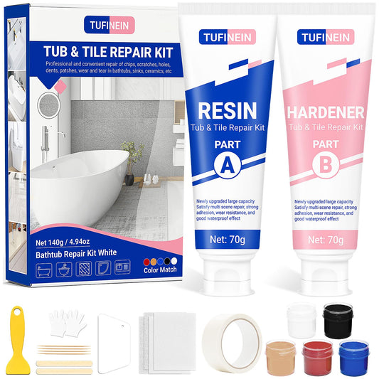 Bathtub Repair Kit 140g (Color Match), TUFINEIN Porcelain Repair Kit for Fiberglass, Enamel, Ceramic, Acrylic Repair and Fix Chips, Cracks, Scratches, Holes on Tub/Tile/Sink/Shower Tray/Shower 🍁 All In One Marketplace Canada