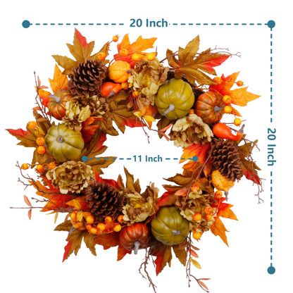SOFTFLAME 20" Fall Wreath for Front Door, Autumn Artificial Wreath with Pumpkin, Pine Cone, Maple Leaves, Berries, Gift Ideal for Halloween Thanksgiving Home Decoration