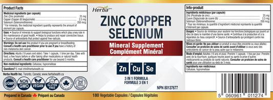 Herba Zinc Picolinate 25mg with Copper and Selenium - 180 Capsules | 3 in 1 Mineral Supplement | Selenium Zinc Copper Supplement | 6 Months Supply | Immune Support | Made in Canada 🍁 All In One Marketplace Canada
