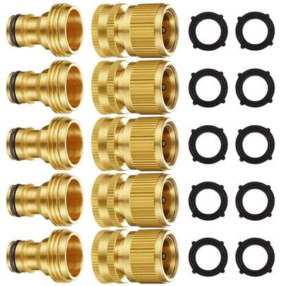 Garden Hose Quick Connectors, Solid Brass 3/4 inch GHT Thread Easy Connect Fittings No-Leak Water Hose Male Female Value Pack (5 Set) with 10pcs Extra Rubber 🍁 All In One Marketplace Canada