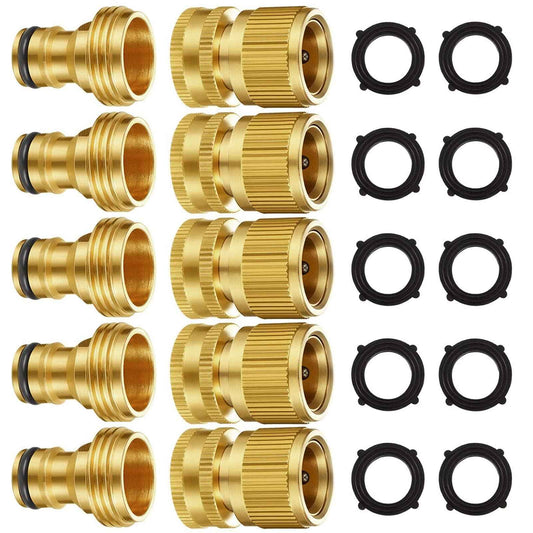 Garden Hose Quick Connectors, Solid Brass 3/4 inch GHT Thread Easy Connect Fittings No-Leak Water Hose Male Female Value Pack (5 Set) with 10pcs Extra Rubber 🍁 All In One Marketplace Canada