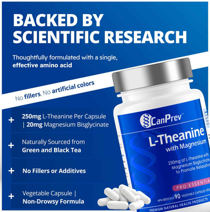 CanPrev L-Theanine with Magnesium, 90 Capsules 90-Day Supply - Promote Relaxation and Calmness - Without Drowsiness - Synergistic Blend for Well-being Management - Vegan, Non-GMO and Gluten-Free 🍁 All In One Marketplace Canada