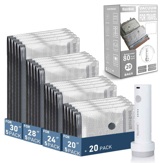 BlazeHold Travel Vacuum Bags with Rechargeable Pump, 20 Pack 4 Sizes Cordless Travel Vacuum Bag Set for Luggage, Thickened Compression Storage Packing Bags for Clothes, Triple-Zipper Sealer Upgrade 🍁 All In One Marketplace Canada