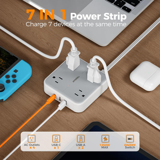 Flat Plug Extension Cord Indoor 5 Ft, Power Bars with Surge Protector, TESSAN Power Strip with 4 Multiple Outlets 3 USB Ports (1 USB C), Surge Protection for Dorm Room Home Office, Gray 🍁 All In One Marketplace Canada