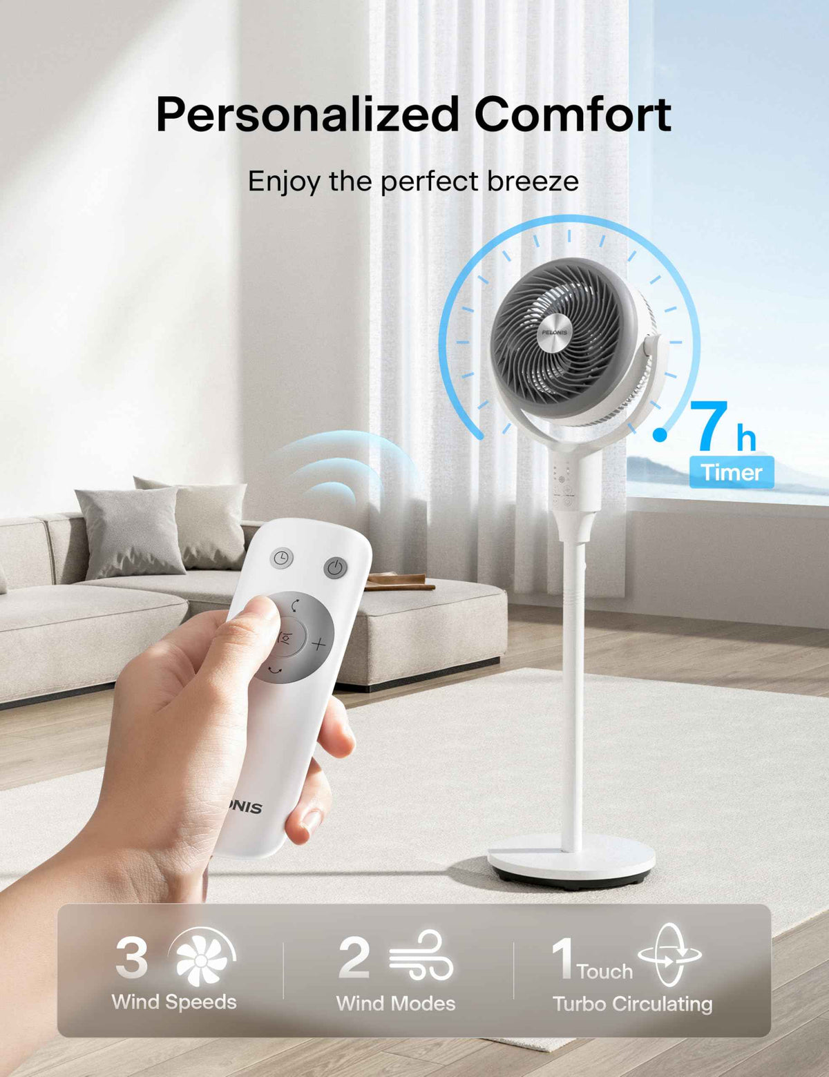 PELONIS Pedestal Fan, Air Circulator, Ultra OmniFlow (135°+90°Auto Oscillation), Quiet Floor Fan with 3 Speeds, Remote, 7H Timer, Memory Function, Adjustable Height, Standing Fan for Bedroom 🍁 All In One Marketplace Canada