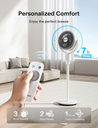PELONIS Pedestal Fan, Air Circulator, Ultra OmniFlow (135°+90°Auto Oscillation), Quiet Floor Fan with 3 Speeds, Remote, 7H Timer, Memory Function, Adjustable Height, Standing Fan for Bedroom 🍁 All In One Marketplace Canada
