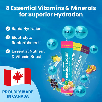 Nutrazul Hydration Booster, Electrolytes Powder Sticks with Sodium, Potassium, Vitamin B6 & B12, No Artificial Sweeteners, Acai Berry, Lemon Lime, Passion Fruit Flavour, 30 Sticks 🍁 All In One Marketplace Canada