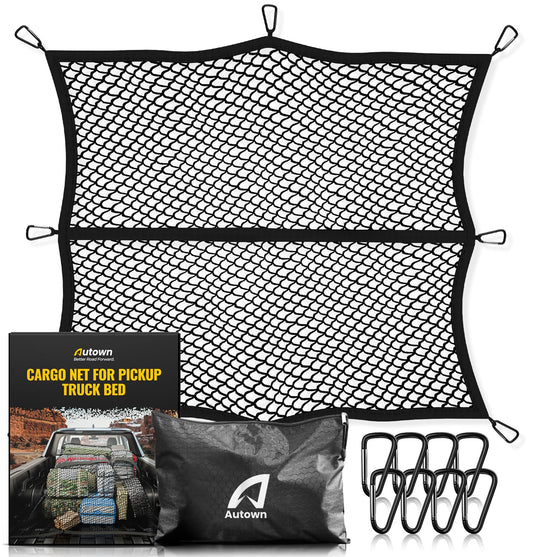 AUTOWN Cargo Net for Pickup Truck Bed - Stretchable 4'x4' to 7'x7', High Elastic Fine Mesh 1''x1'' with 8 Metal Carabiners - Ideal for ATV, SUV, UTV, Truck and Boat Use (Single Layer) 🍁 All In One Marketplace Canada