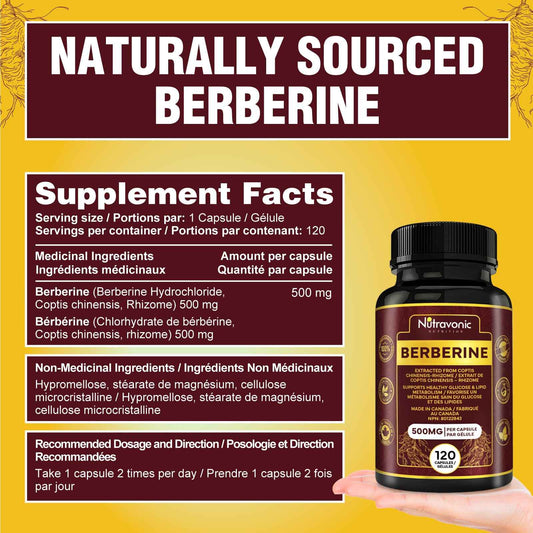 Nutravonic Berberine Supplements 1000mg Per Serving, 500mg Per Capsule | Made in Canada I Supports Healthy Glucose & Lipid Metabolism | Non-GMO, Vegan, Gluten-free, 120 Easy-to-Swallow Capsules 🍁 All In One Marketplace Canada