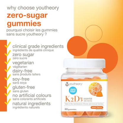 Youtheory K2D3 Zero Sugar Gummies, 1000 IU D3 & MK-7 100 mcg K2, Helps Develop & Maintain Bones & Teeth, Peach Flavour, Vegetarian, 60 Gummies 🍁 All In One Marketplace Canada