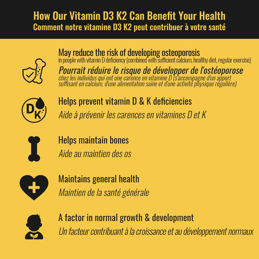 Vitamin D3 K2 Supplement - 2500 IU D3, 120 mcg K2 MK7 x 124 Capsules - Plant-Based, Vegan - Prevents Deficiency, Supports Bone Health in Women and Men - Made in Canada, Third-Party Tested - Nutritionn 🍁 All In One Marketplace Canada