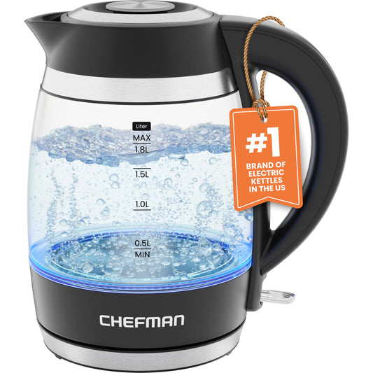 Chefman Electric Kettle, 1.8L 1500W, Hot Water Boiler, Removable Lid for Easy Cleaning, Auto Shut Off, Boil-Dry Protection, Stainless Steel Filter, BPA Free, Borosilicate Glass Electric Tea Kettle 🍁 All In One Marketplace Canada