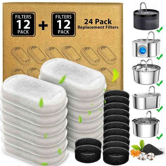 Cat Water Fountain Filters - 24 Pack Cat Fountain Filters for 3.2L/108oz & 2L/67oz Pet Water Fountain, Three-Layer Filtration Replacement Filters(12+12 Pack), Package Amount for 6 Months 🍁 All In One Marketplace Canada