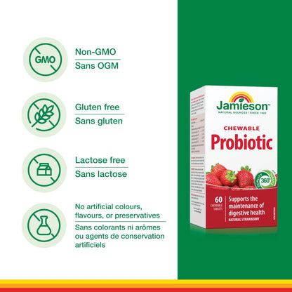 Jamieson Chewable Probiotic 2 Billion Active Cells Natural Strawberry Flavour, Family Friendly (3+), Supports Digestive Health. 5 Unique Strains, Including Lactobacillus and Bifidobacterium, Non-GMO, No Artificial Colours, Flavours, or Preservatives, 60 C