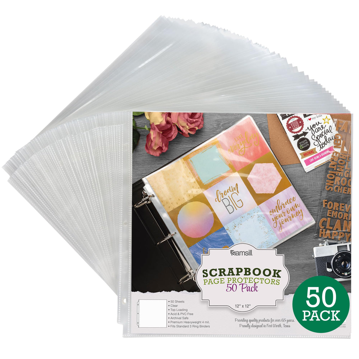 Samsill Scrapbook Refill Pages 12x12 Inch, 50 Pack, Fits 3 Ring Scrapbook Binders and 12x12 Photo Albums, Top-Loading, Heavy-Duty, Holds 2 Pages, Super Clear