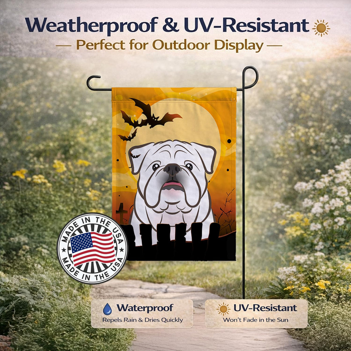 Caroline's Treasures BB1778GF Halloween White English Bulldog Flag Garden Size, Small, Multicolor