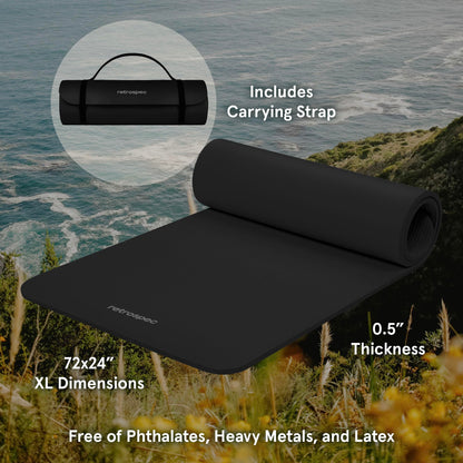Retrospec Solana Yoga Mat 1" And 1/2" Thick With Nylon Strap for Men And Women - Non Slip Exercise Mat For Home Yoga, Pilates, Stretching, Floor And Fitness Workouts , Black 🍁 All In One Marketplace Canada
