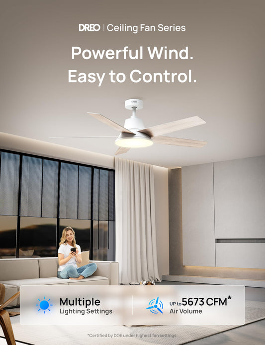 DREO Smart Ceiling Fan with Lights, 52 Inch, 12 Speeds & 3 Fan Modes, Stepless Color Tones, Dimmable LED Light, 12H Timer, Quiet DC Motor, Remote/APP/Alexa Control, White Ceiling Fans Indoor 🍁 All In One Marketplace Canada