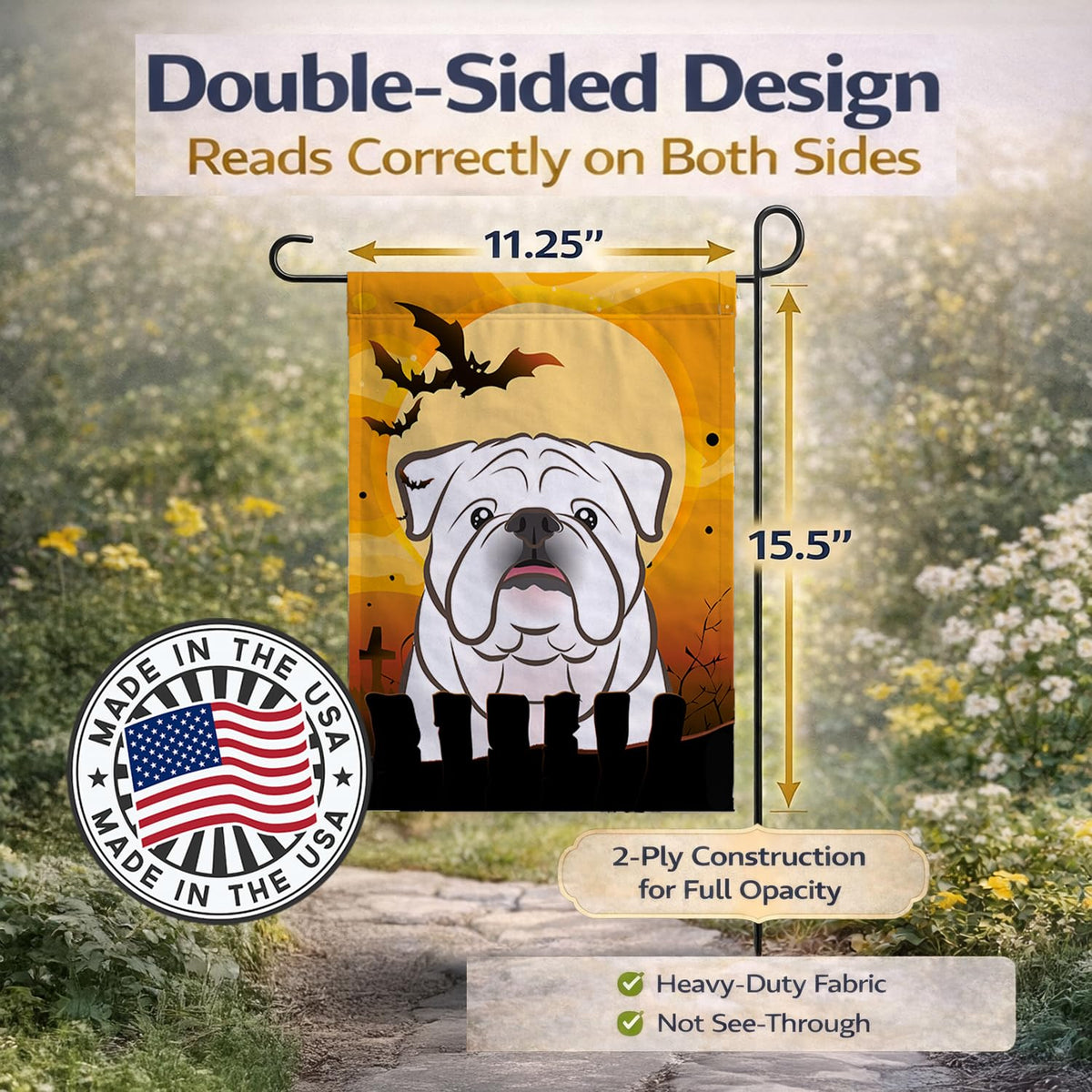 Caroline's Treasures BB1778GF Halloween White English Bulldog Flag Garden Size, Small, Multicolor