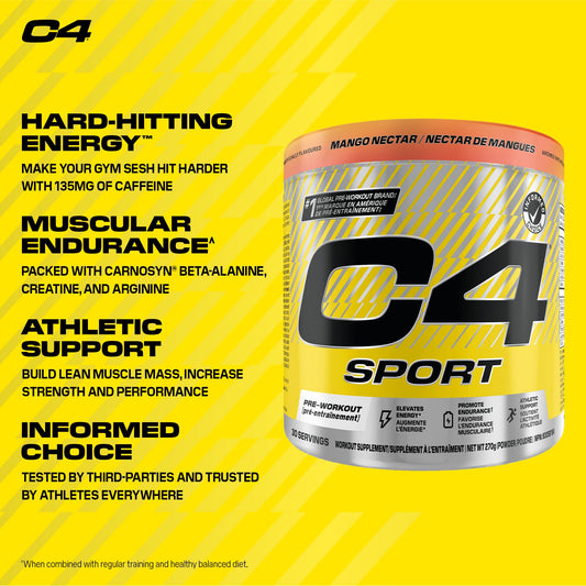 Cellucor C4 Sport Pre Workout Powder - Preworkout Energy with Creatine, Beta-Alanine, and 135mg Caffeine - NSF Certified for Sport - Mango Nectar, 30 Servings 🍁 All In One Marketplace Canada