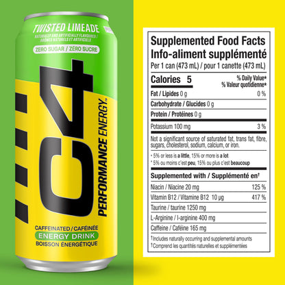 Cellucor C4 Performance Energy Drink, Twisted Limeade, Carbonated Sugar Free Drink with no Artificial Colours or Dyes, 473mL, 12 count 🍁 All In One Marketplace Canada